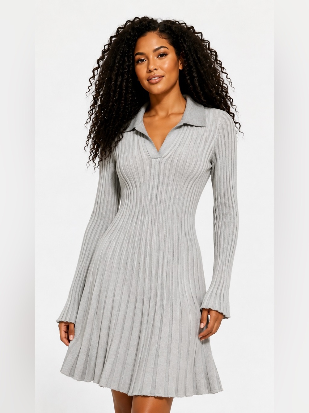 SHEIN Light Gray Ribbed Knit Collared Long Sleeve Dress